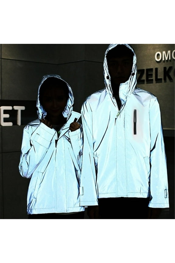 Rain Jackets for Men and Women Reflective Hooded Jacket Outdoor Hiking Travel Coat with Zip Pockets Gray L