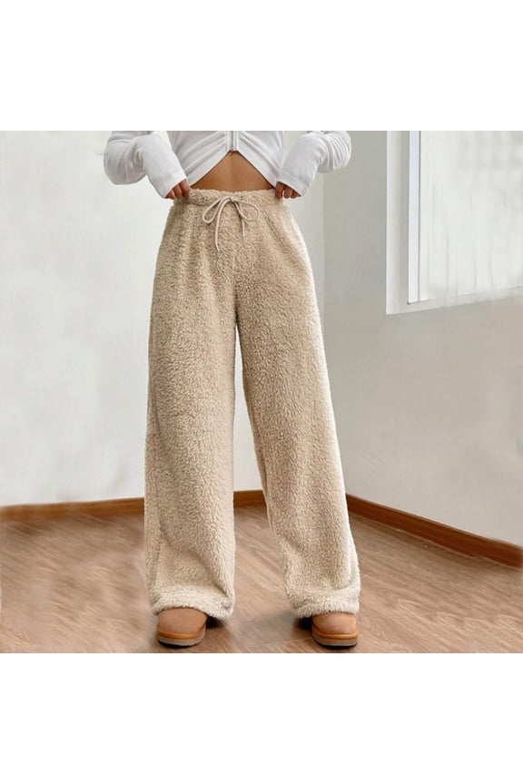Women's Fuzzy Plush Pajama Pants Drawstring Elastic Waist Wide Leg Teddy Pj Bottoms Lounge Pants KhakiM