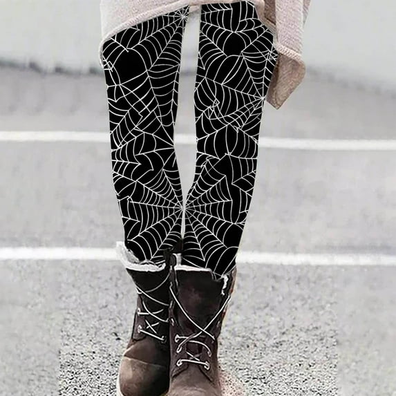 YOIAVAIOY Women's Halloween Patterned Tights Colorful Casual Holiday Tights Pumpkin Bats Skull Yoga Workout Pants Black XXXL