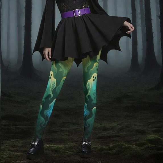 YOIAVAIOY Women's Halloween Patterned Tights Colorful Casual Holiday Tights Pumpkin Bats Skull Yoga Workout Pants Mint Green M