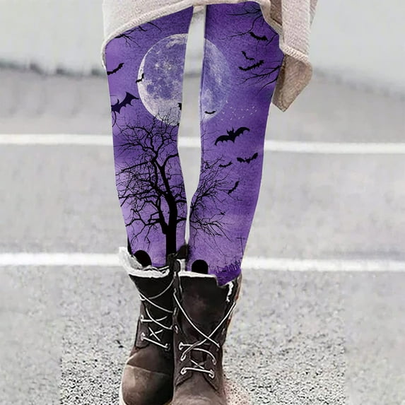 YOIAVAIOY Women's Halloween Patterned Tights Colorful Casual Holiday Tights Pumpkin Bats Skull Yoga Workout Pants Purple XXL