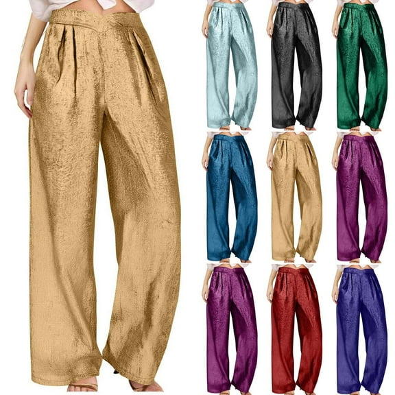 YOIAVAIOY Women's High Waisted Pants Wide Leg Elastic Velvet Casual Long Lounge Palazzo Trousers with Pockets PurpleS