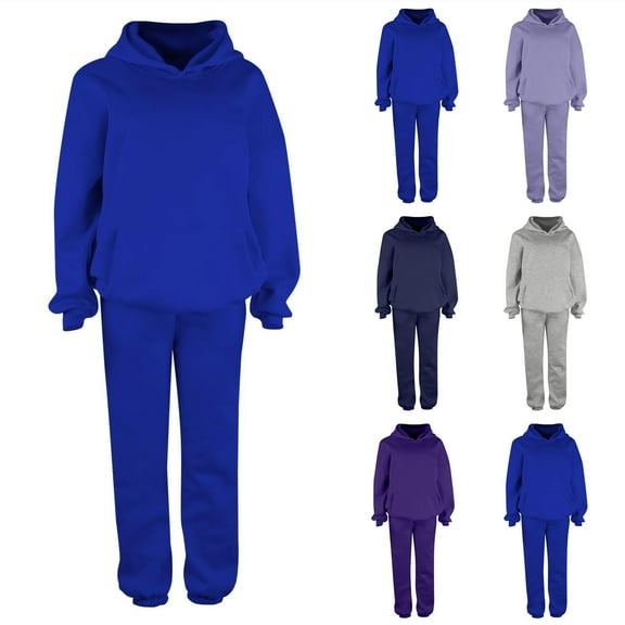 YOIAVAIOY Women's Hoodie Tracksuit Kangaroo Pocket Hooded Sweatshirt and Jogger Sweatpants Sets Athletic Gym Sweatsuit Fleece Track Sets Solid Casual Sports Outfits Blue M