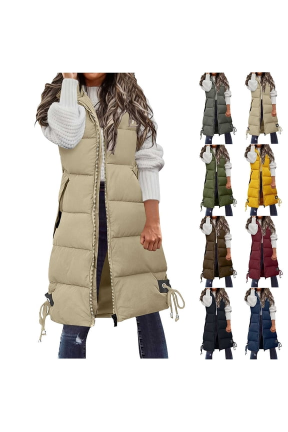 Women's Long Down Vests Quilted Zip Up Puffer Sleevelss Coats with Drawstring Hood Winter Puffy Jackets Padded Coat Brown XL