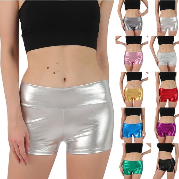 YOIAVAIOY Women's Metallic Booty Shorts Shiny High Waisted Rave Bottoms for Dance Festival Gold XL