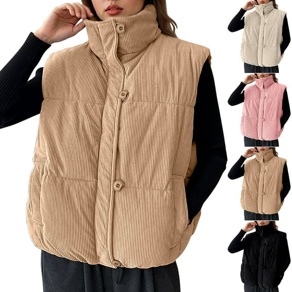YOIAVAIOY Women's Puffer Sleeveless Jacket Stand Collar Full Zip Up Quilted Vest Casual Fall Winter Outwear Waistcoat with Pockets Pink M