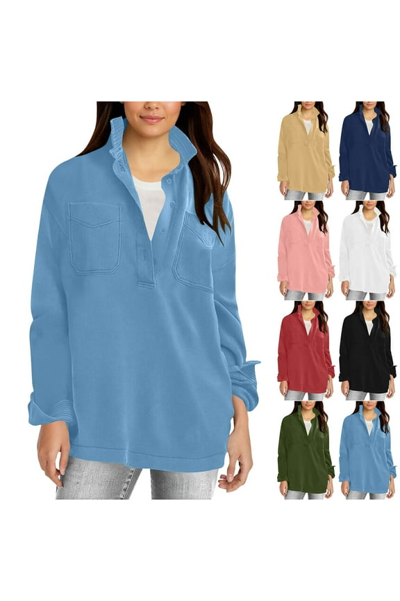 Women's Solid Polo Sweatshirt Oversized Casual Pullover Sweatshirts Fall Fashion Stand Collar Tops with Pockets Black M