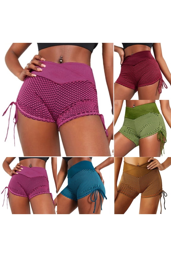 Women's Textured Biker Shorts High Waisted Drawstring Shorts Side Yoga Athletic Gym Shorts Green M