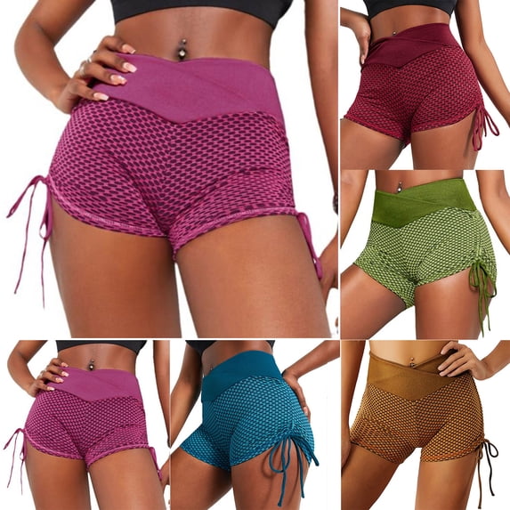 YOIAVAIOY Women's Textured Biker Shorts High Waisted Drawstring Shorts Side Yoga Athletic Gym Shorts Hot Pink S