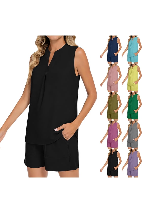 Women's Two Piece Sets Waffle Knit Summer V Neck Sleeveless Pleated Shorts Set Matching Sets Women Clothing 2026 Beige L