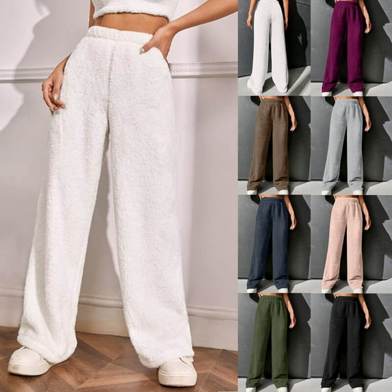 YOIAVAIOY Women's Warm Lounge Pant Fuzzy Fleece Pants Elastic Waisted Wide Leg Trousers Winter Casual Baggy Trousers Gray S
