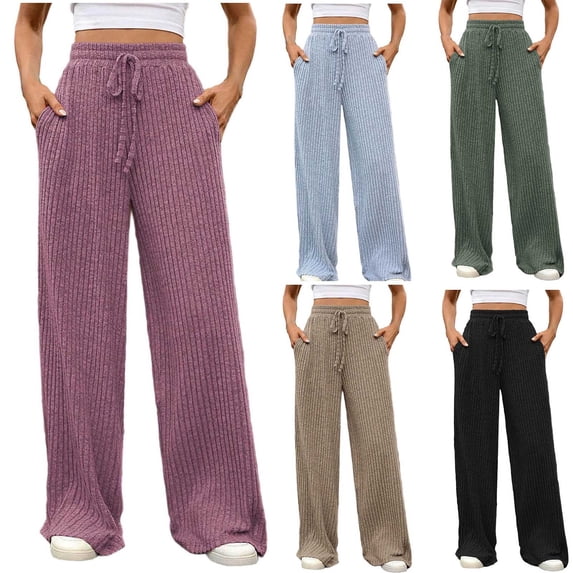 YOIAVAIOY Women's Wide Leg Ribbed Knit Pants Comfy Loose Fit Soft Knit Pants Drawstring Waist Long Casual Relaxed Trousers with Pockets Black S