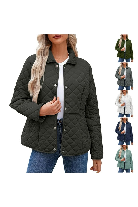 Women's Winter Quilted Jackets Long Sleeve Button Down Puffer Jacket Diamond Outerwear Coats with Pockets Army Green L
