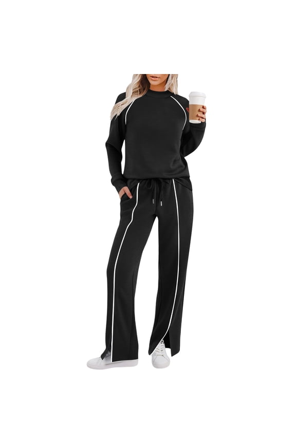 Womens 2 Piece Colors Block Outfits Summer Long Sleeve Wide Leg Capris Tracksuits Casual Lounge Sets Black M