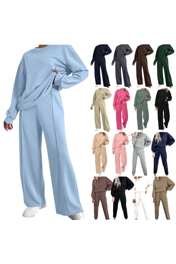 Womens 2 Piece Outfits Crewneck Pullover and Wide Leg Pants Fashion Lounge Set Casual Solid Matching Sets Dark Blue L