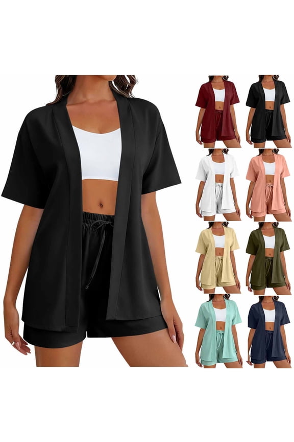 Womens 2 Piece Outfits Short Sleeve Solid Cardigan Duster Open Front Summer Cover-Up Tops Matching Shorts Sets Orange XXL