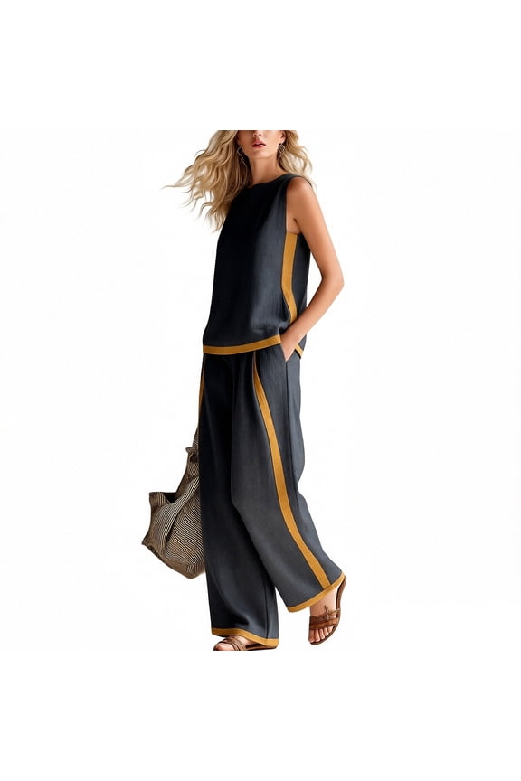 Womens 2 Piece Outfits Summer Sleeveless Wide Leg Capris Tracksuits Casual Colors Block Lounge Sets Dark Gray S