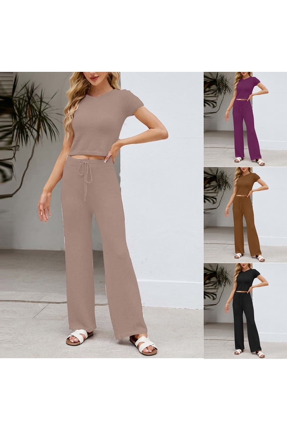Womens 2 Piece Ribbed Knit Summer Outfits Crewneck Short Sleeve Crop Sweater Top Wide Leg Palazzo Pants Lounge Sets Black M