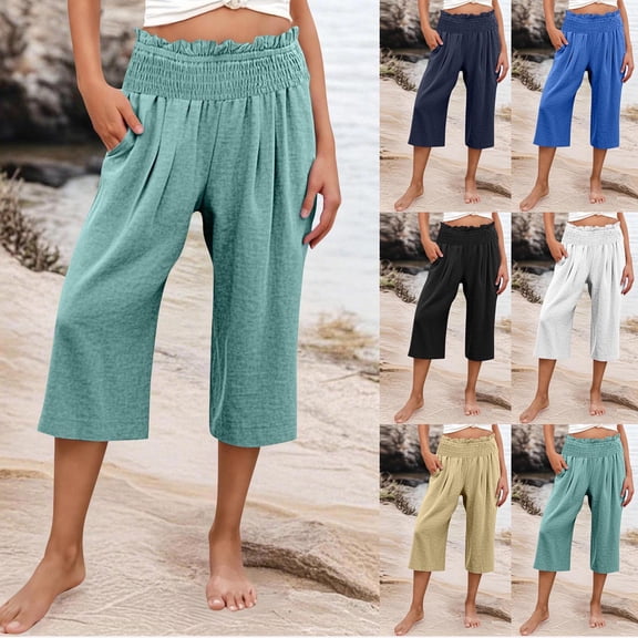 YOIAVAIOY Womens Capri Pants Wide Leg High Waisted Cropped Pants Summer Flowy Beach Lounge Casual Capris with Pockets Light Blue XL