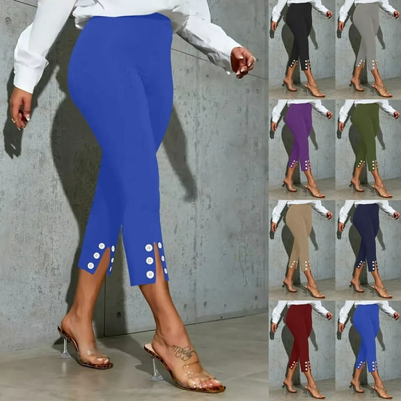 YOIAVAIOY Womens Capri Pants with Buttons Slit Bottom Casual Dressy High Waist Pant Stretch Crop Work Legging Fall Business Office Pants Blue L