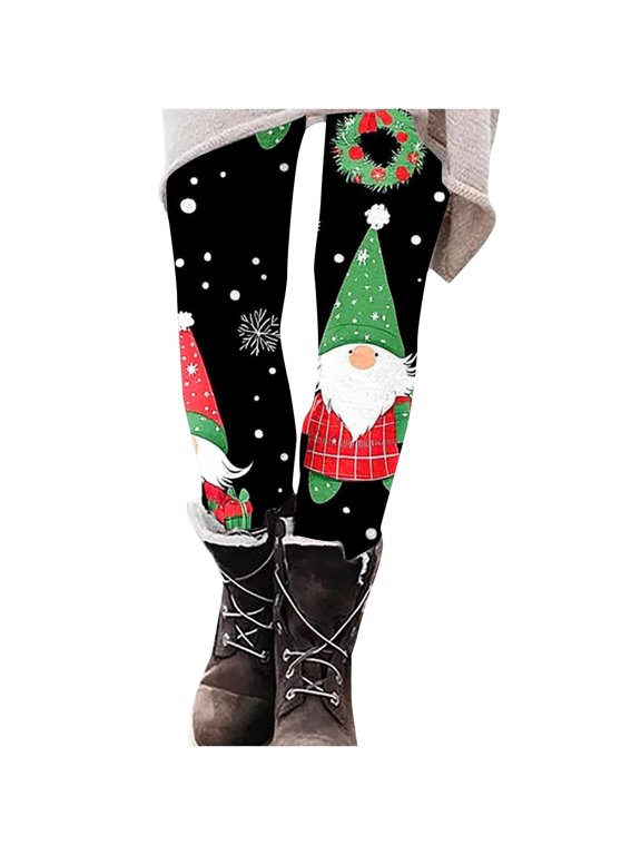 Womens Christmas Gnome Leggings Comfy Stretchy Black Tomte Gnomes Wreath Gift Snowflake Print Festive Holiday Winter Tights