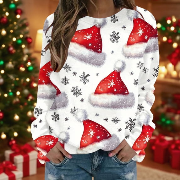 YOIAVAIOY Womens Christmas Print Sweatshirt Long Sleeve Crew Neck Pullover Holiday 3D Santa Claus Graphic Tops Winter Fleece Casual Sweatshirts White XXL