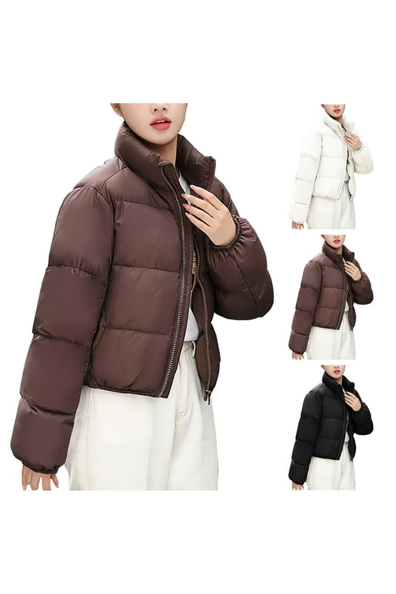 Womens Cropped Puffer Jackets Winter Warm Padded Short Coat Stand Collar Zip Up Quilted Down Jacket with Pockets Coffee S