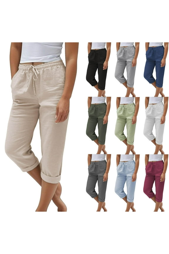 Womens Drawstring Pants Linen Cotton Capri Pants Summer Casual Elastic Waist Cropped Pants Army Green M