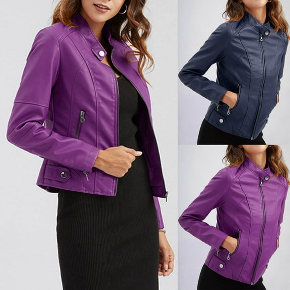 YOIAVAIOY Womens Faux Leather Cropped Jackets Long Sleeve Zip Up PU Moto Jacket Slim Biker Coat with Pockets Purple L