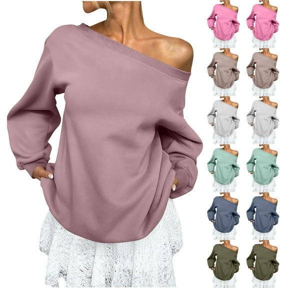 YOIAVAIOY Womens Fleece Lined Sweatshirt Off Shoulder Long Sleeve Oversized Pullover Y2k Slouchy Tops Pink M