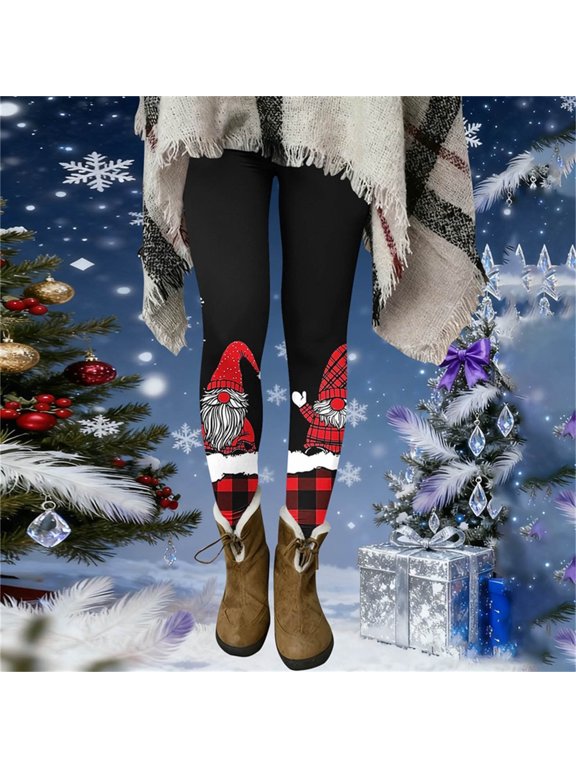 Womens Gnome Leggings Black Red Plaid Scandinavian Tomte Print Soft Stretchy Christmas Holiday Pants