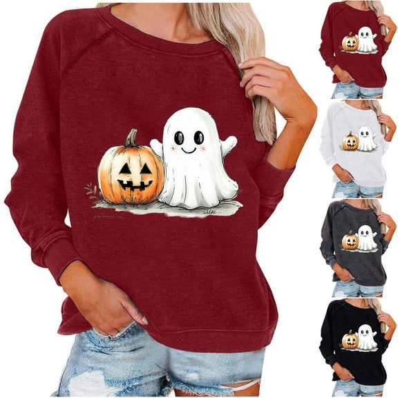 YOIAVAIOY Womens Halloween Pumpkin Sweatshirt Cute Ghost Grafic Sweat Shirt Crew Neck Long Sleeve Fall Tops Loose Fit Casual Blouse Tees Gray L