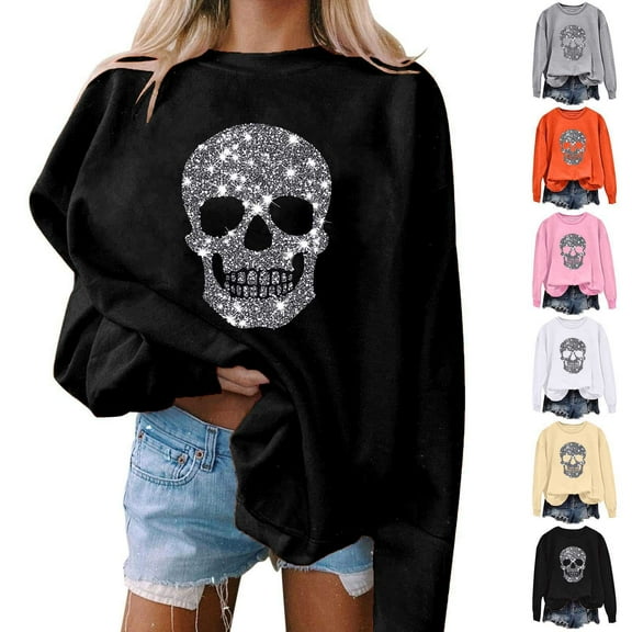 YOIAVAIOY Womens Halloween Sweatshirt Sequin Skull Graphic Sweatshirts Casual Loose Fit Pullover Tops Festival Casual Clothes Black M