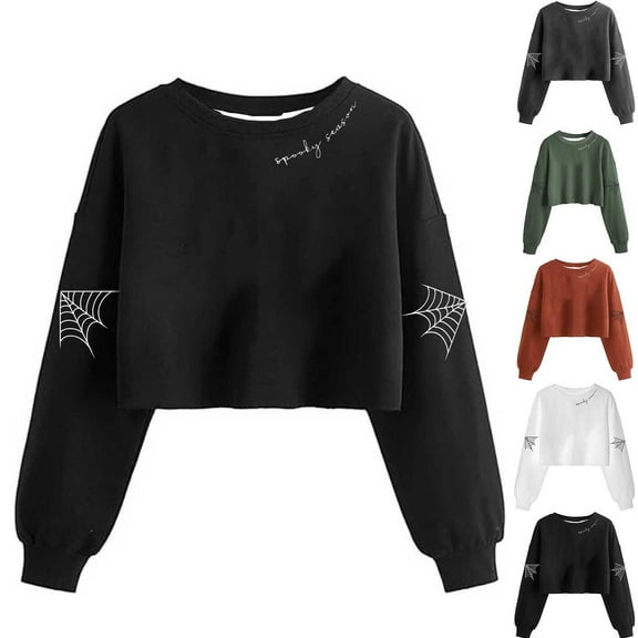YOIAVAIOY Womens Halloween Sweatshirts Spider Web Cropped Sweat Shirt Lightweight Holiday Pullover Trendy Casual Going Out Tops Orange M
