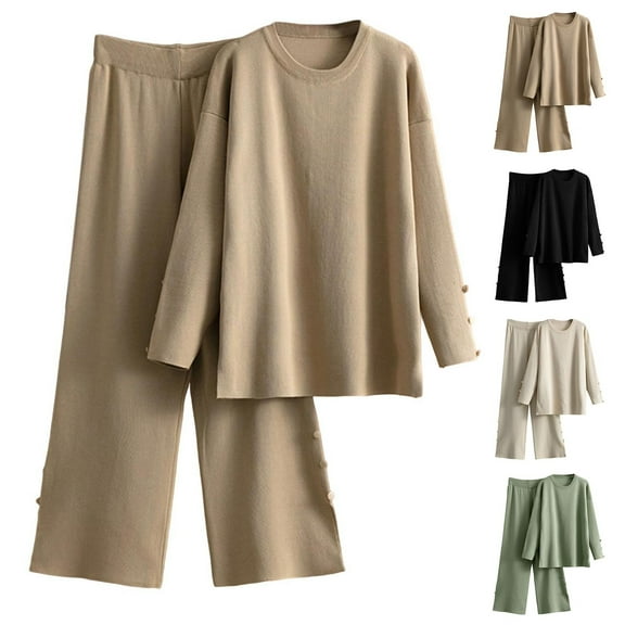 YOIAVAIOY Womens Knit Lounge Sets 2 Piece Crew Neck Sweater and Wide Leg Pants Matching Set Loose Comfy Loungewear Home Wear Beige Free Size
