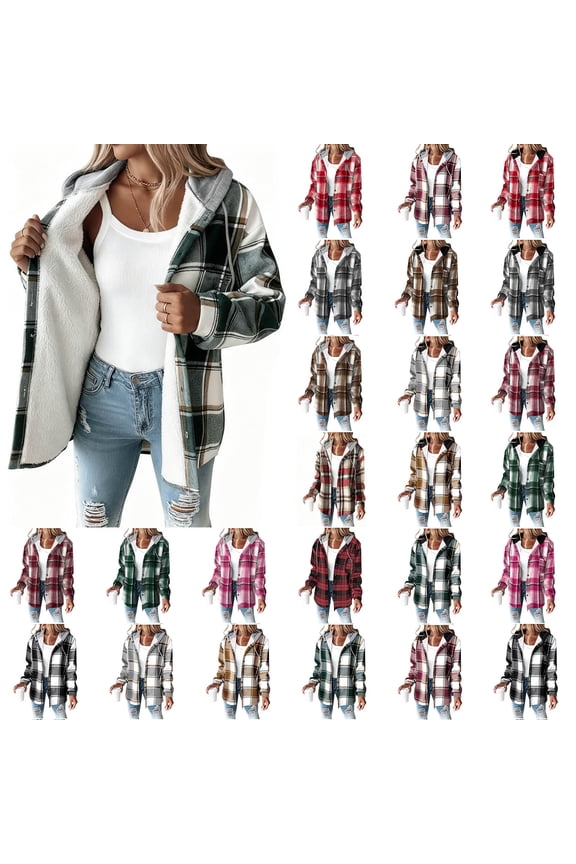 Womens Lightweight Casual Jacket Plaid Long Sleeve Shacket Fleece Lined Hooded Jackets Warm Coat Brown M