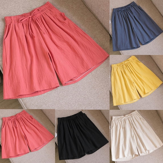 YOIAVAIOY Womens Linen Casual Shorts Summer Ruffle High Waisted Wide Leg Drawstring Beach Pleated Lounge Solid Shorts with Pockets Navy L