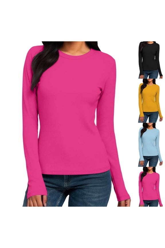 Womens Long Sleeve Crew Neck T Shirts Comfy Slim Fit Stretch Tees Shirts Casual Basic Tops Yellow XXL