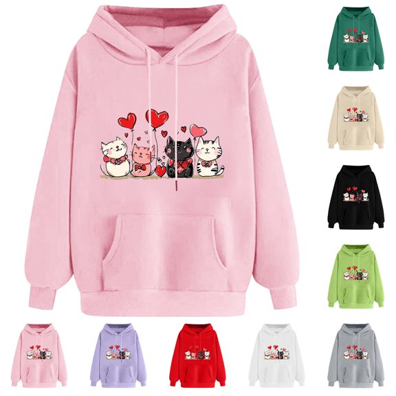 YOIAVAIOY Womens Long Sleeve Hoodie Fall Winter Art Print Hoodies Vintage Crewneck Pullover Shirts Fashion Y2k Fleece Tops Pink XL