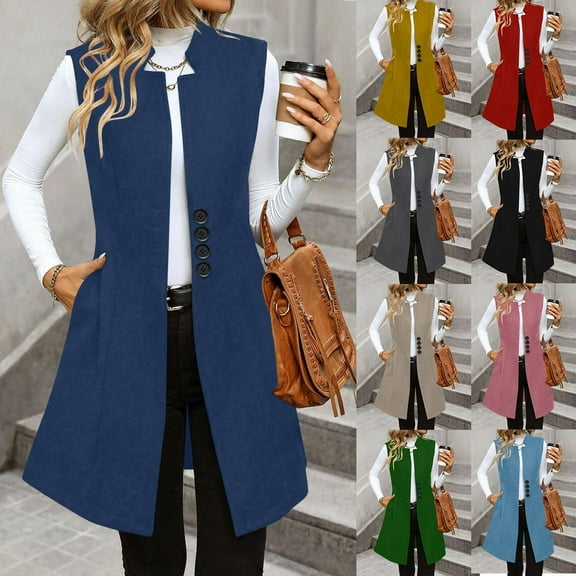 YOIAVAIOY Womens Long Vest Jacket Sleeveless Trench Coat Dressy Casual Wool Coat with Pockets Black XXL