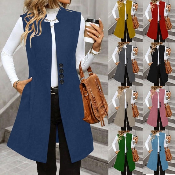 YOIAVAIOY Womens Long Vest Jacket Sleeveless Trench Coat Dressy Casual Wool Coat with Pockets Khaki L