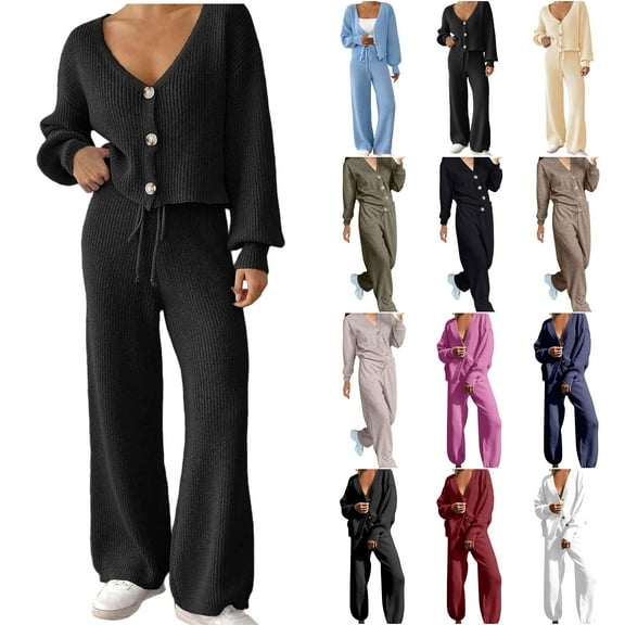 YOIAVAIOY Womens Lounge Cardigan Sets 2 Piece Button Down Cardigan and Joggings Pants Trendy Casual Ladies Outwear Daily Matching Sets White L