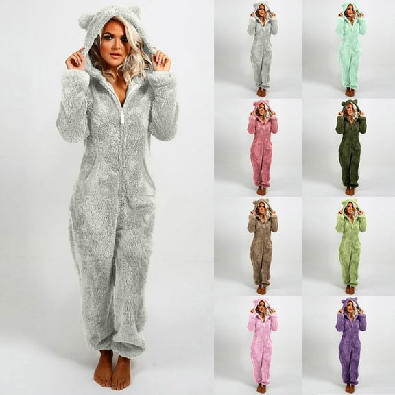 YOIAVAIOY Womens Onesies Pajamas Jumpsuit Warm Fleece Sherpa Sleepwear One Piece Zipper Hooded Pants Loungewear Army GreenM