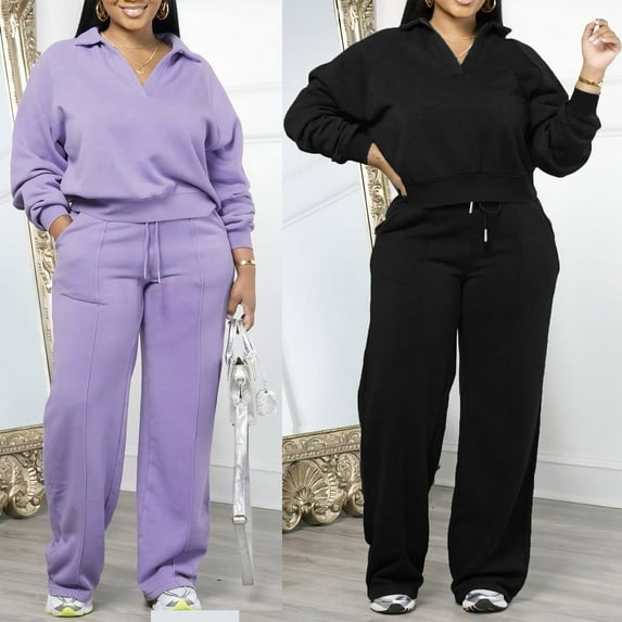 YOIAVAIOY Womens Plus Size Sweatsuits 2 Piece Casual Sports Outfits V Neck Cropped Hoodie and Drawstring Waist Pants Tracksuit Sets Black S