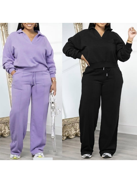 Womens Plus Size Sweatsuits 2 Piece Casual Sports Outfits V Neck Cropped Hoodie and Drawstring Waist Pants Tracksuit Sets Purple M