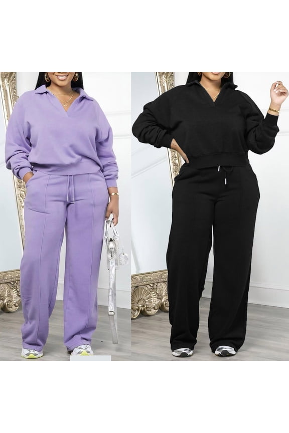 Womens Plus Size Sweatsuits 2 Piece Casual Sports Outfits V Neck Cropped Hoodie and Drawstring Waist Pants Tracksuit Sets Purple S