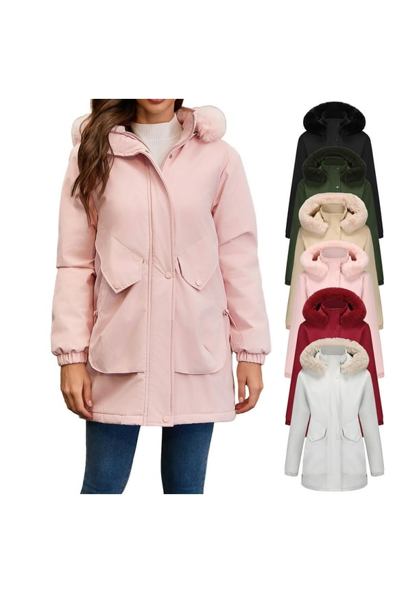 Womens Puffer Jackets Waterproof Rain Coat Winter Warm Parka Coats wiith Fur Collar Pink XXL