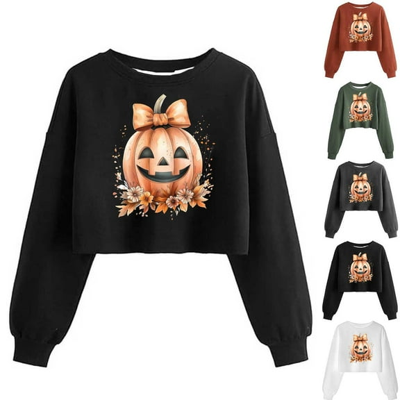 YOIAVAIOY Womens Pumpkin Print Sweatshirt Teen Girls Cute Graphic Cropped Sweatshirts Long Sleeve Stylish Casual Y2k Pullover Crop Tops White XXL