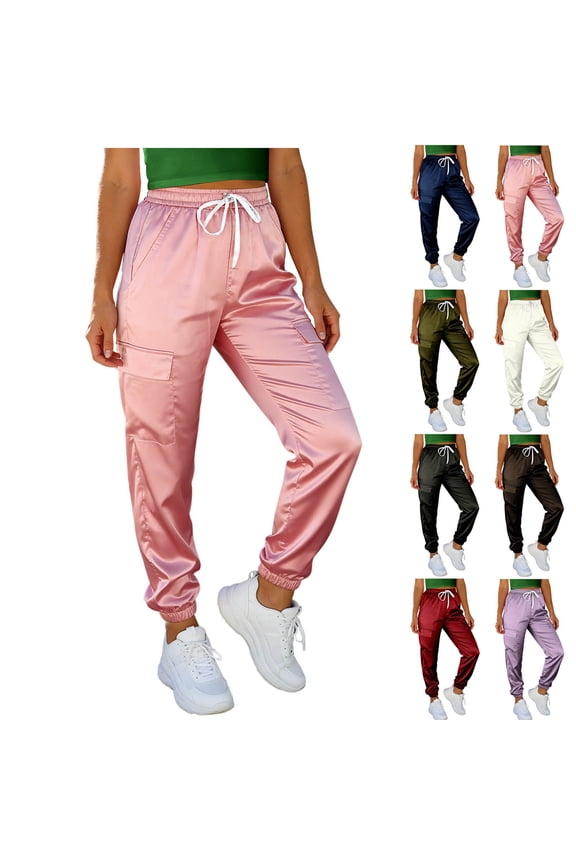 Womens Satin Joggers Boho Cargo Jogger Pants High Waisted Stretch Pants Silk Ankle Pant Drawstring Solid Trouser with Pocket Brown XXL