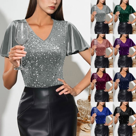 YOIAVAIOY Womens Sequin Tops Ruffle Sleeve Sparkly Shirt Glitter Party Blouses Concert Disco Outfits Navy L